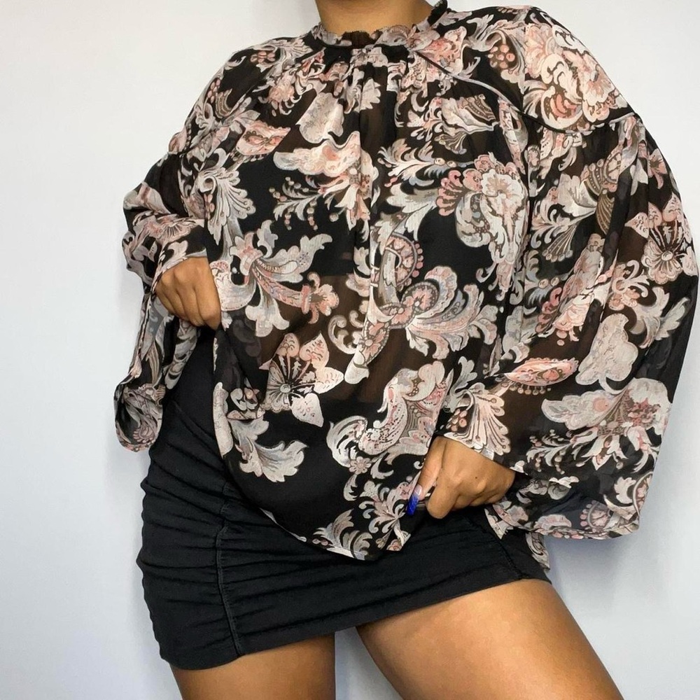 LOFT Pink and Orange Puff Sleeve Blouse